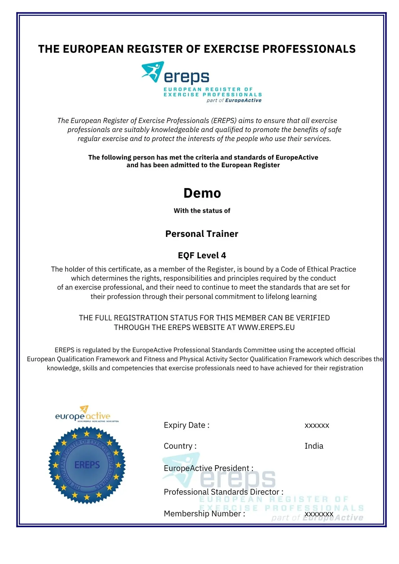 Example EREPS EQF Level 4 Personal Trainer certificate