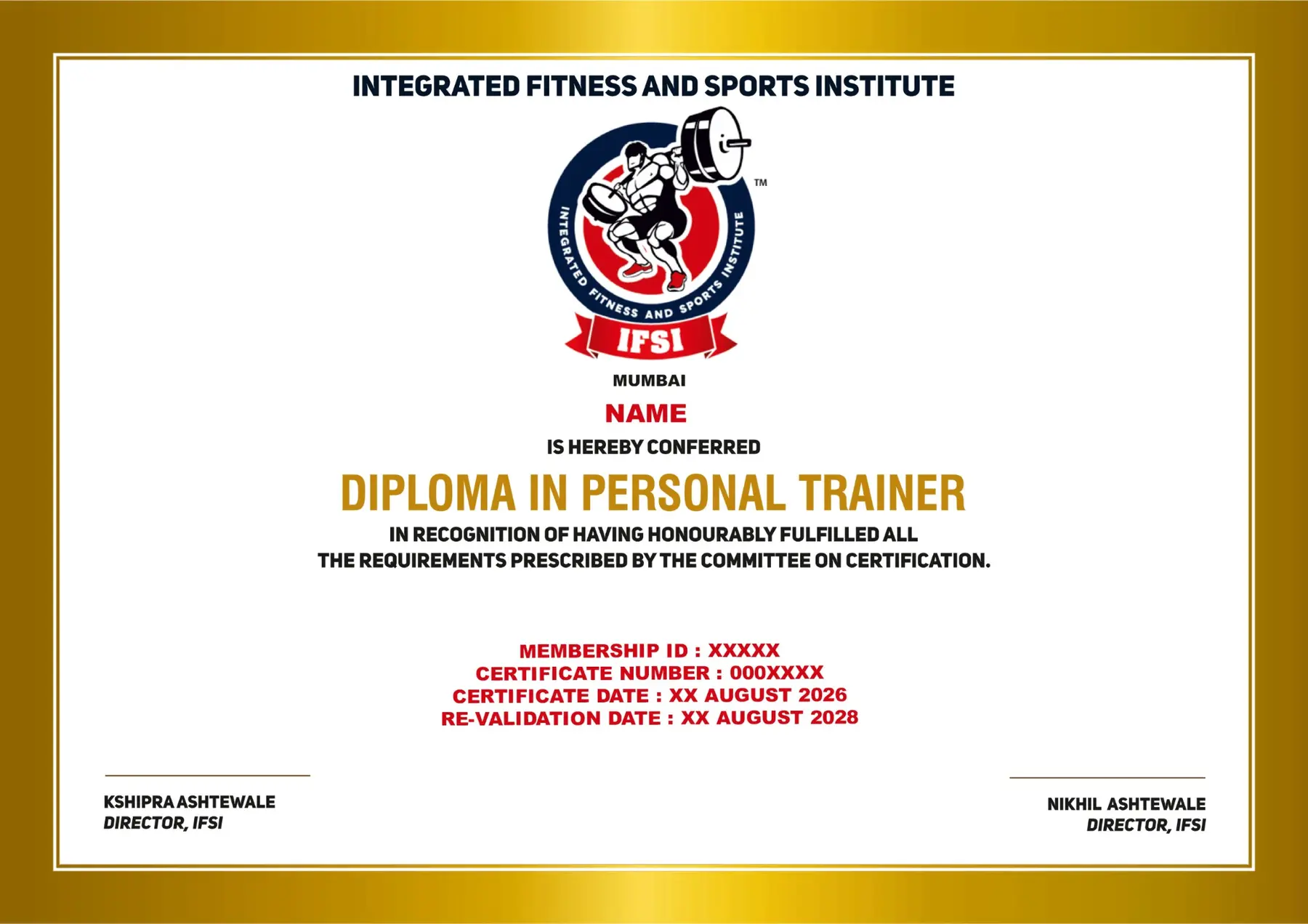 Sample IFSI Diploma in Personal Trainer certificate